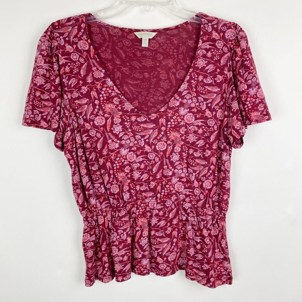Lucky Brand Peplum Top Women Medium Burgundy Floral 7WP6465 V-Neck Knit